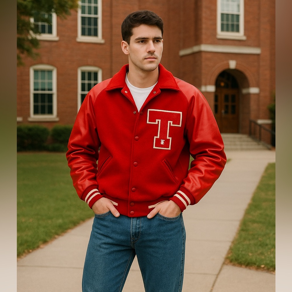 Vintage MECA Varsity Letterman Jacket Red Wool Leather Sleeves USA Medium